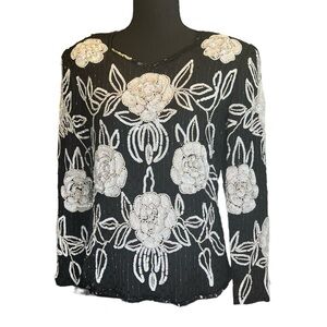 Leslie Fay Evenings 100% Silk Black Sequins Top | Size M